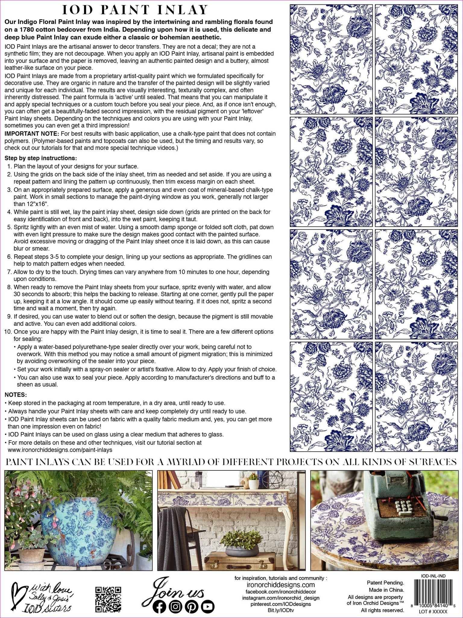 IOD Paint Inlay INDIGO FLORAL - Vintage Revival Design Co